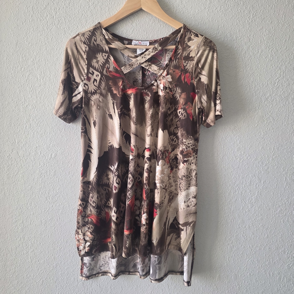 Crisscross Floral Tunic Top - Brown and Red